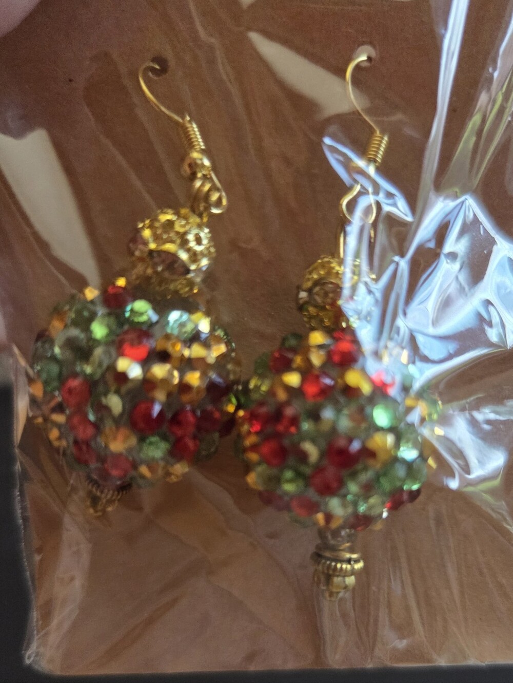 Gold-Tone Drop Earrings with Red, Green, and Yellow Crystal Balls